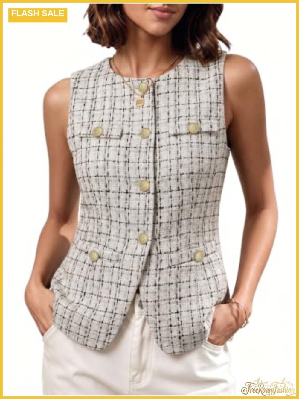 Tweed Vest Button Front Sleeveless Waistcoat Business Casual Layering